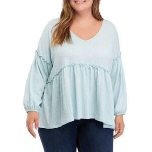 Wonderly Women's Slouchy Sky Blue Baggy Coastal Boho Peasant V-neck Top Size 2XL